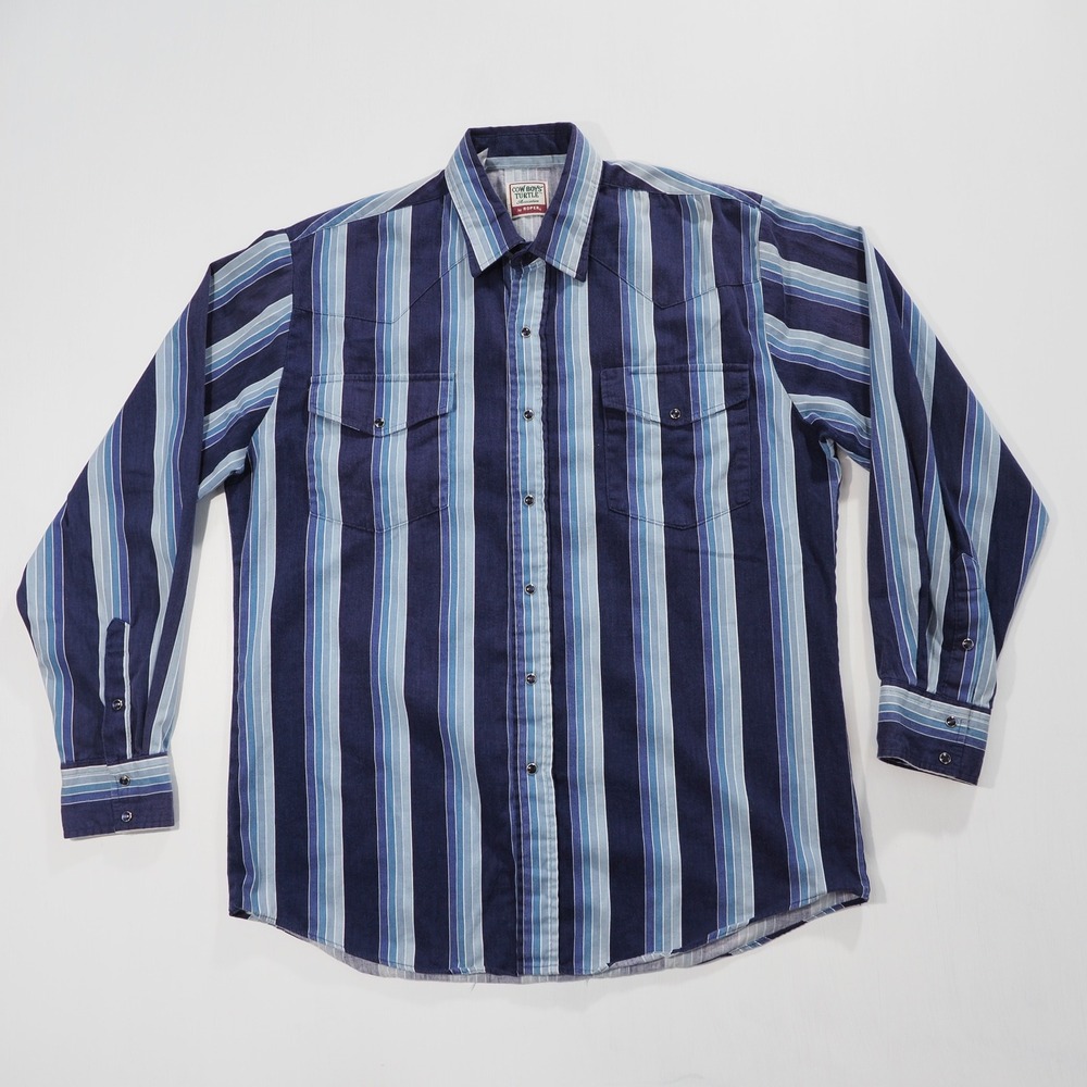Vintage Cowboys Turtle Association Roper Shirt Mens Large Blue Stripe Rodeo 90s